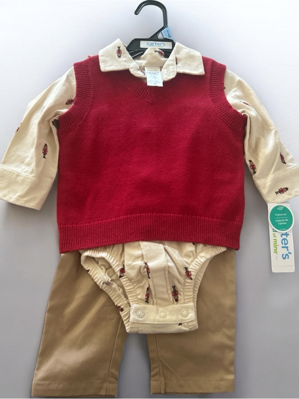 Carter's Red Knit Vest with Cream Collared Bodysuit and Tan Pants